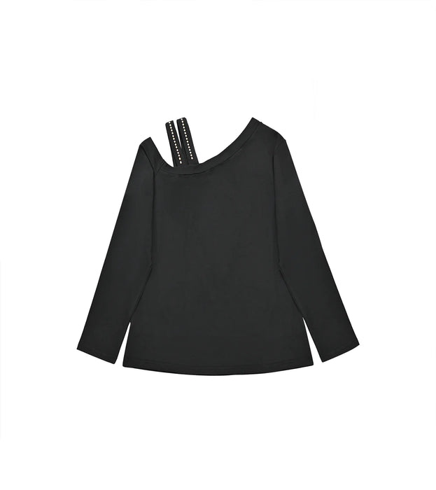 Ladies Elegant Letter Print Cold Shoulder Long Sleeve Top