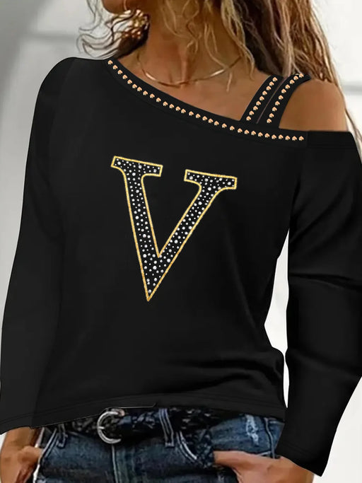Ladies Elegant Letter Print Cold Shoulder Long Sleeve Top