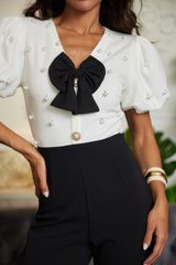 Bow N Pearl Detailed Black N White Fashion Jumpsuit