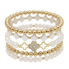 Clover Metal Pearl Rhinestone Stretch Bracelet Set