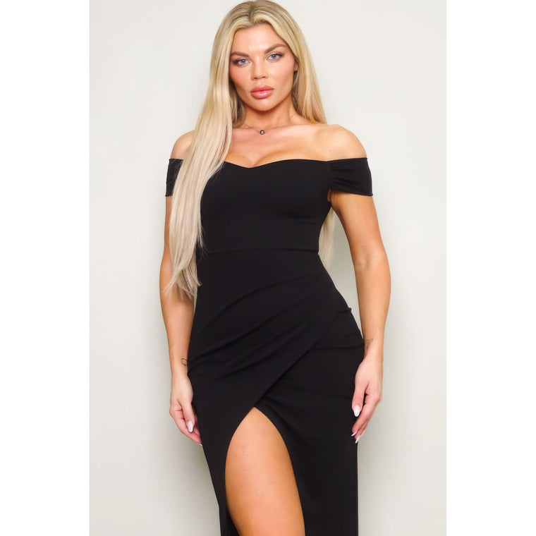 Off Shoulder Techno Crepe Midi Dress