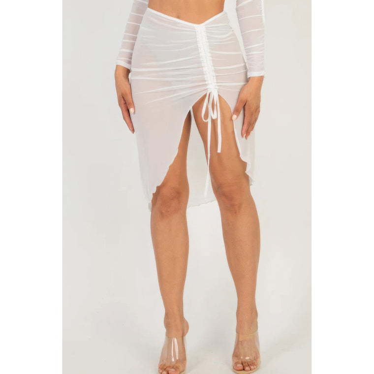 Sexy Sheer Mesh Drawstring Ruched Skirt