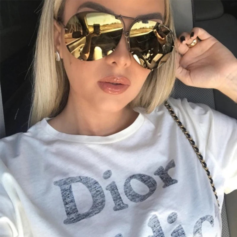 Black Pilot Sunglasses Women Men Silver Mirror Oversized