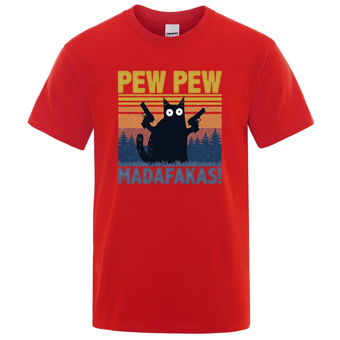 Pew Pew Madafakas Tshirt Men Short Sleeve Novelty Funny Cat