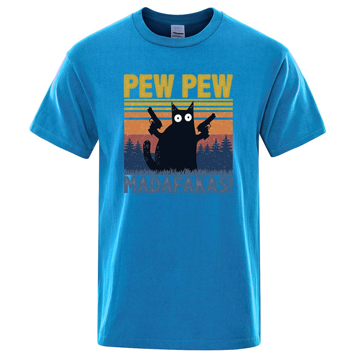 Pew Pew Madafakas Tshirt Men Short Sleeve Novelty Funny Cat