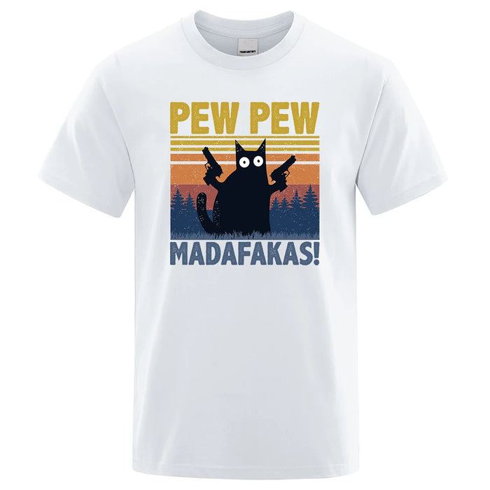 Pew Pew Madafakas Tshirt Men Short Sleeve Novelty Funny Cat