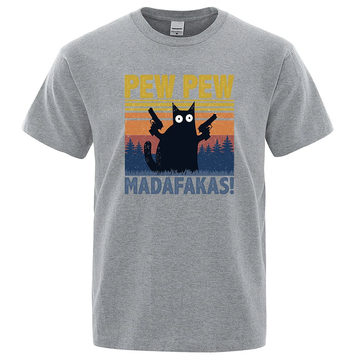 Pew Pew Madafakas Tshirt Men Short Sleeve Novelty Funny Cat