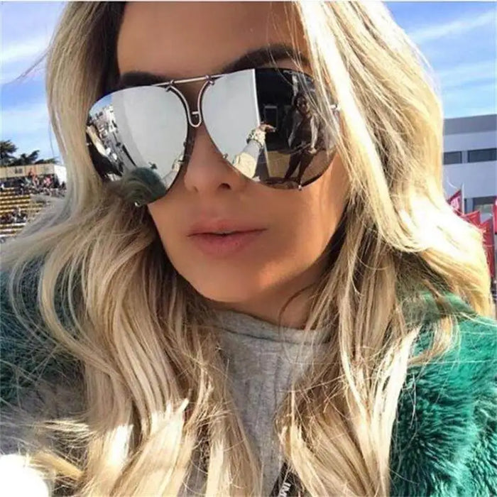 Black Pilot Sunglasses Women Men Silver Mirror Oversized