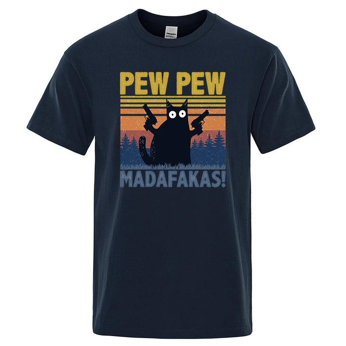 Pew Pew Madafakas Tshirt Men Short Sleeve Novelty Funny Cat