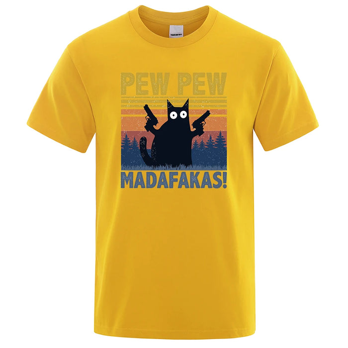Pew Pew Madafakas Tshirt Men Short Sleeve Novelty Funny Cat
