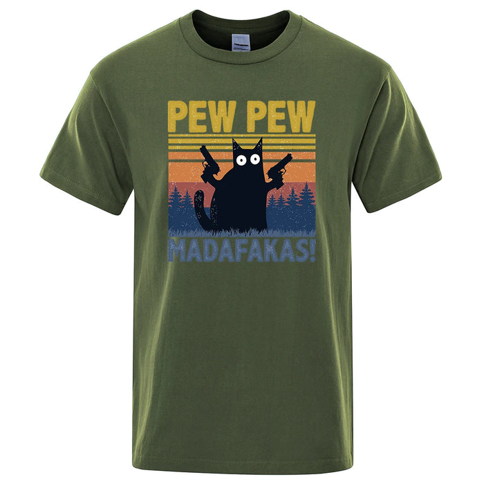 Pew Pew Madafakas Tshirt Men Short Sleeve Novelty Funny Cat