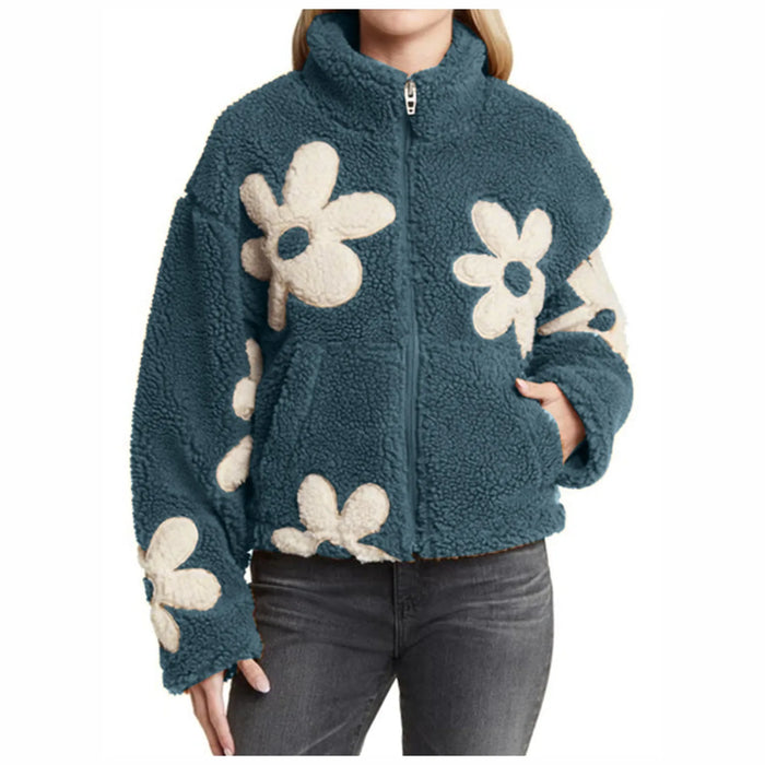 Womens Floral Fleece Jackets Winter Zipper Cropped Coat