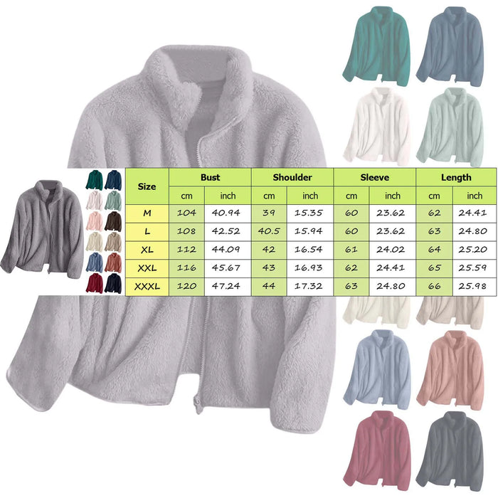 Women Casual Zip Up Fleece Jacket Solid Color Long Plush