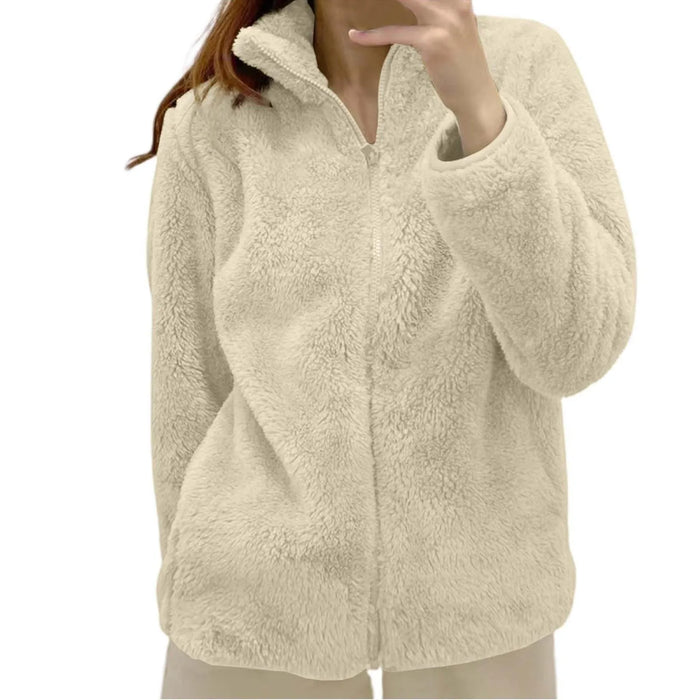 Women Casual Zip Up Fleece Jacket Solid Color Long Plush