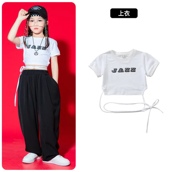 Kid Kpop Hip Hop Clothing White Black Lace Up Crop Top T