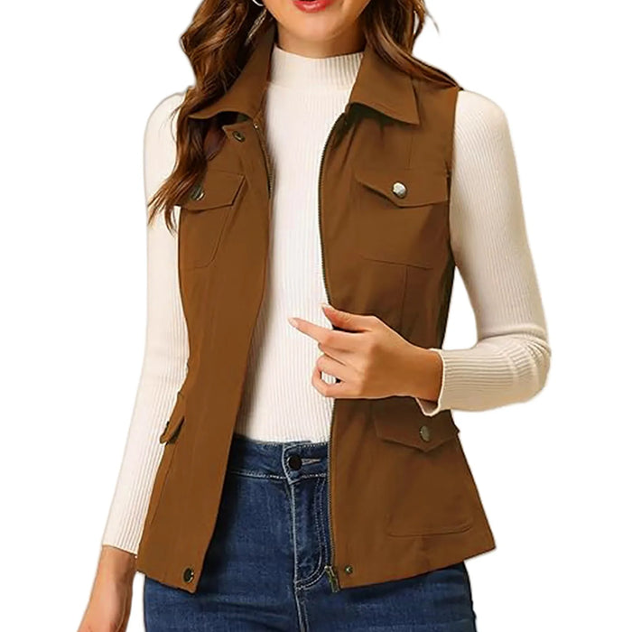 Womens Comfy Zip Up Jacket Solid Color Sleeveless Utility