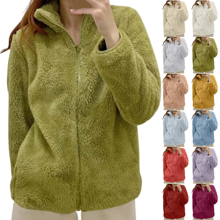 Women Casual Zip Up Fleece Jacket Solid Color Long Plush