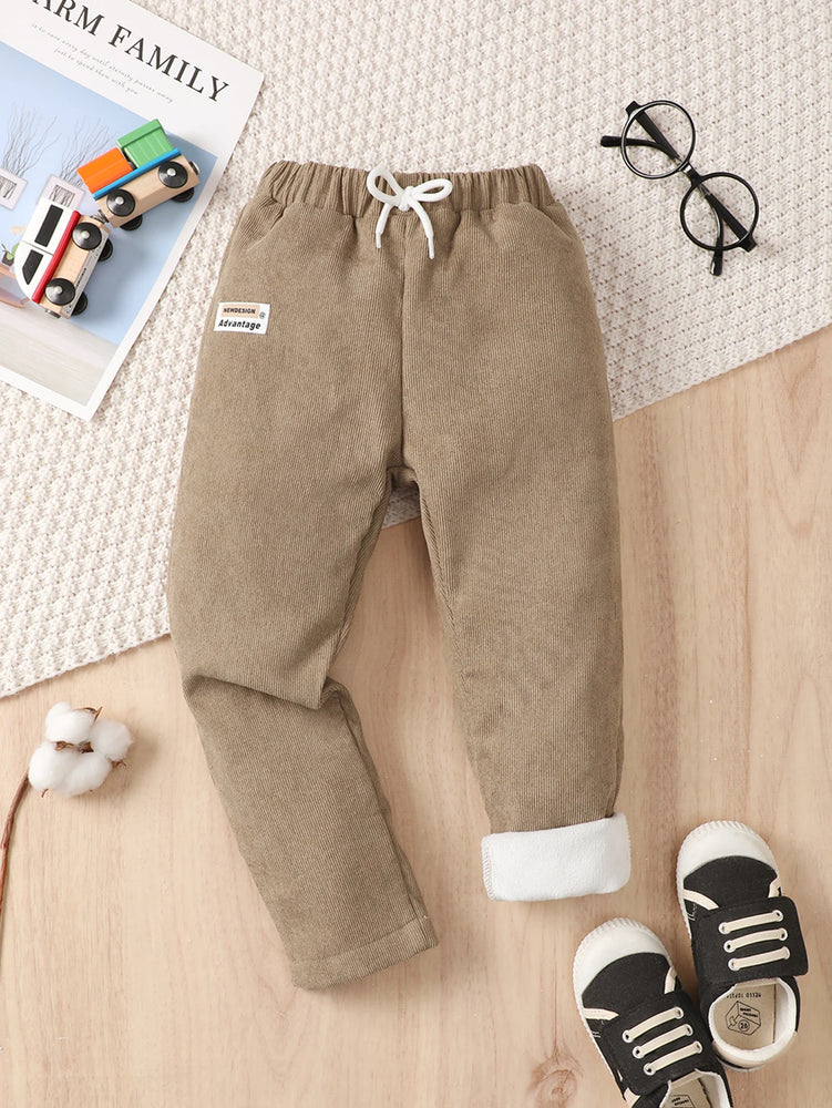 Kids Casual Corduroy Pants Label Patched Elastic Waist
