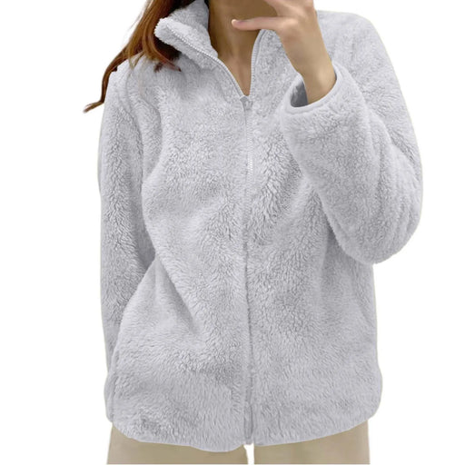 Women Casual Zip Up Fleece Jacket Solid Color Long Plush
