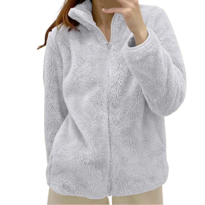 Women Casual Zip Up Fleece Jacket Solid Color Long Plush