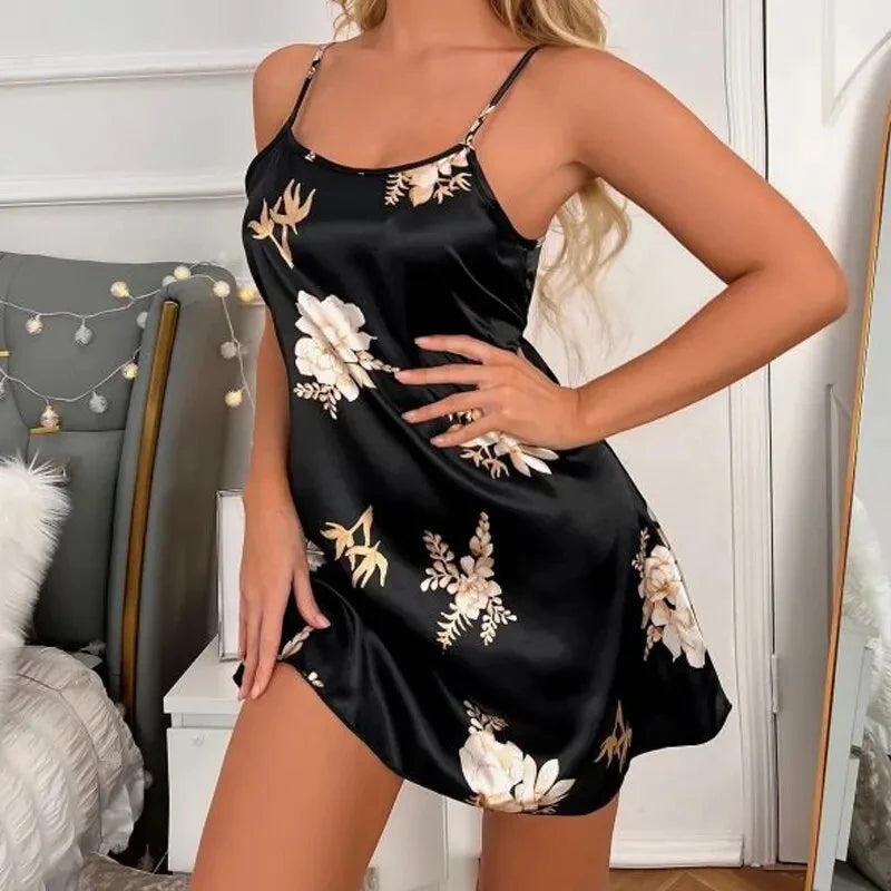 Women Nightwear Home Clothes Sexy Black Floral Printing