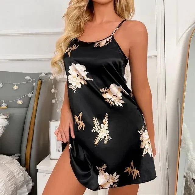 Women Nightwear Home Clothes Sexy Black Floral Printing