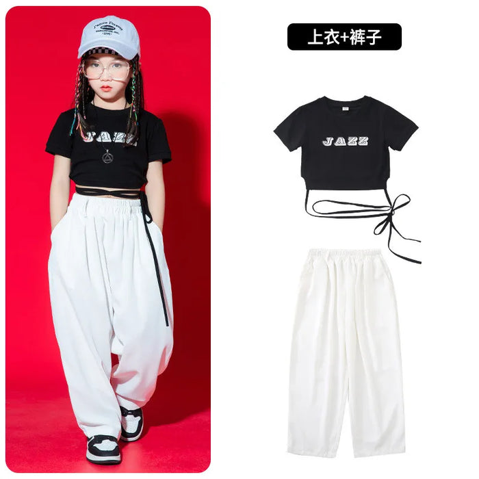 Kid Kpop Hip Hop Clothing White Black Lace Up Crop Top T