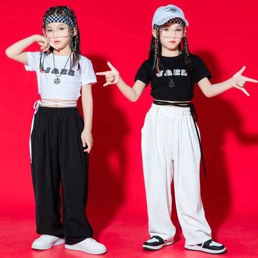 Kid Kpop Hip Hop Clothing White Black Lace Up Crop Top T