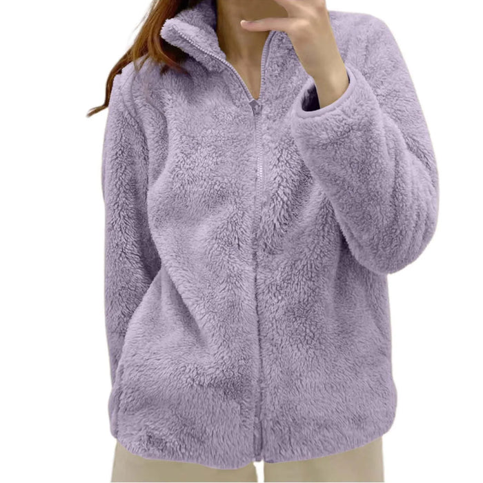 Women Casual Zip Up Fleece Jacket Solid Color Long Plush