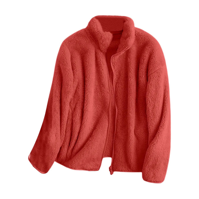 Women Casual Zip Up Fleece Jacket Solid Color Long Plush