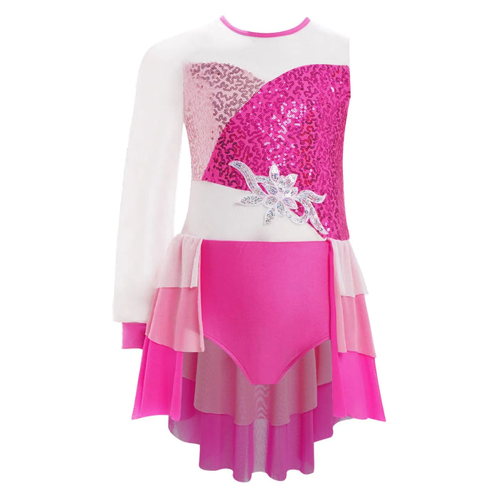Kid Girl Lyrical Modern Dance Costume One Shoulder Tiered