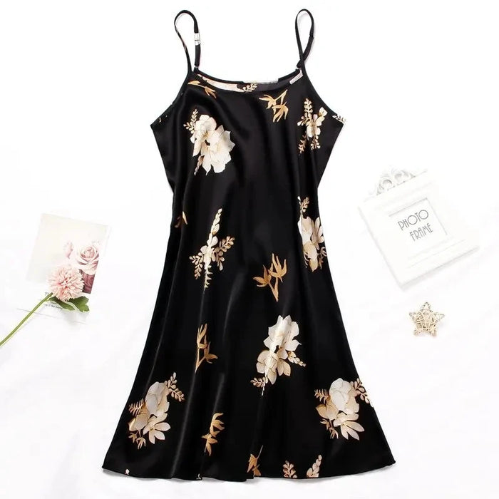 Women Nightwear Home Clothes Sexy Black Floral Printing