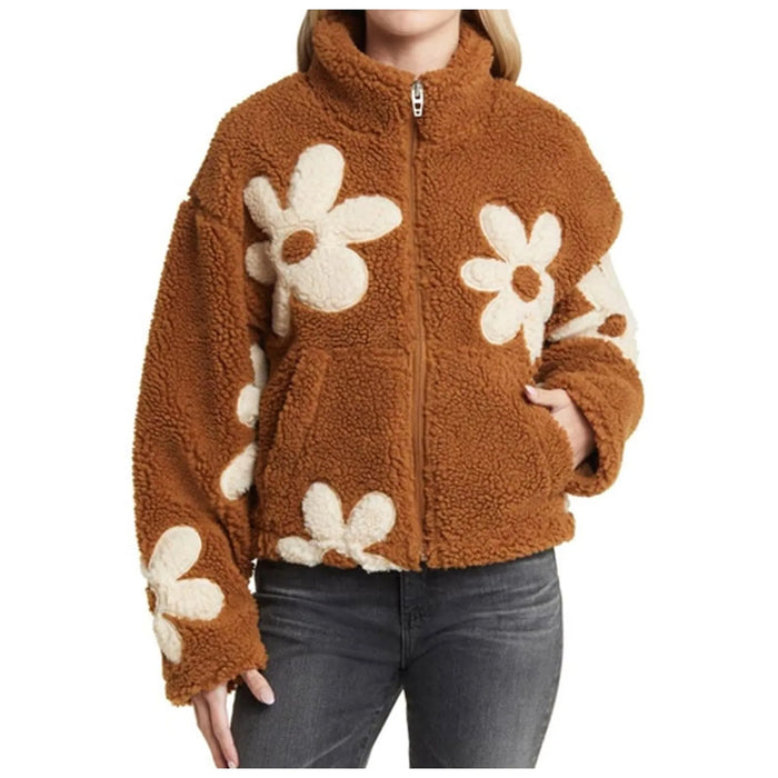 Womens Floral Fleece Jackets Winter Zipper Cropped Coat