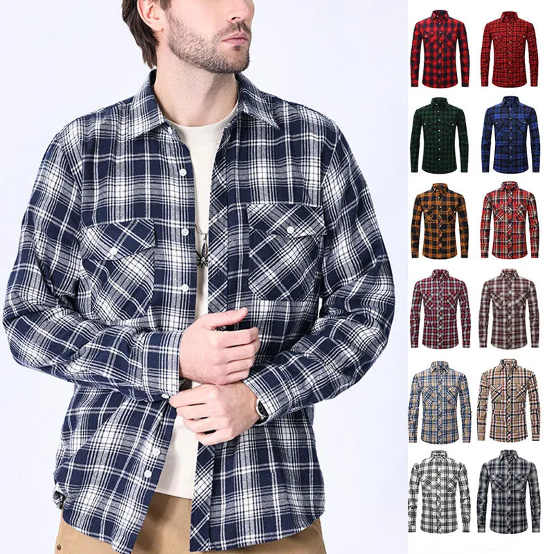 American Size Mens Shirt Long Sleeve Plaid Spring
