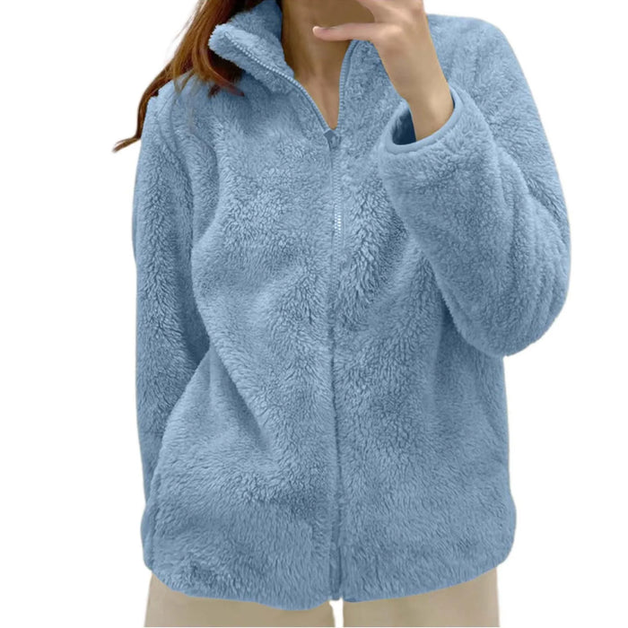 Women Casual Zip Up Fleece Jacket Solid Color Long Plush