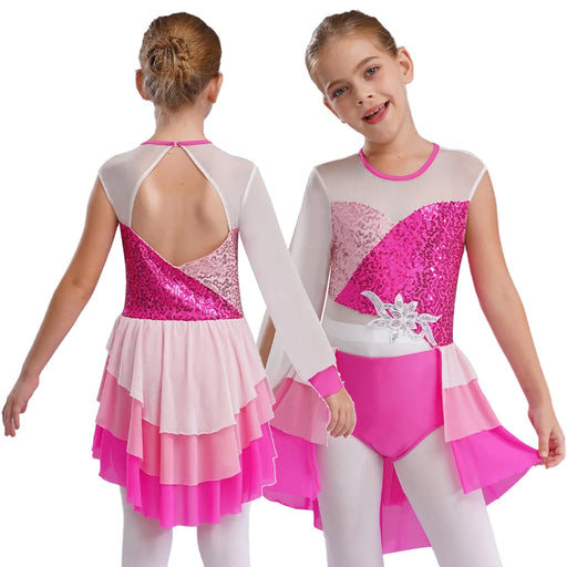 Kid Girl Lyrical Modern Dance Costume One Shoulder Tiered