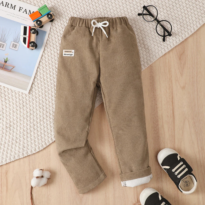 Kids Casual Corduroy Pants Label Patched Elastic Waist