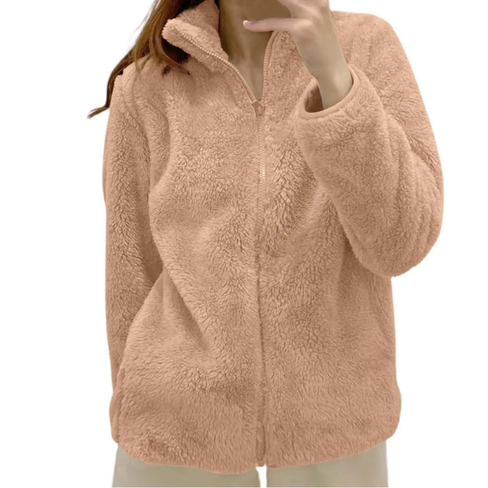 Women Casual Zip Up Fleece Jacket Solid Color Long Plush