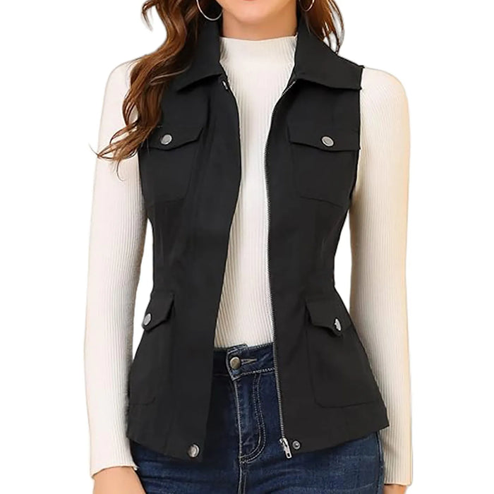 Womens Comfy Zip Up Jacket Solid Color Sleeveless Utility