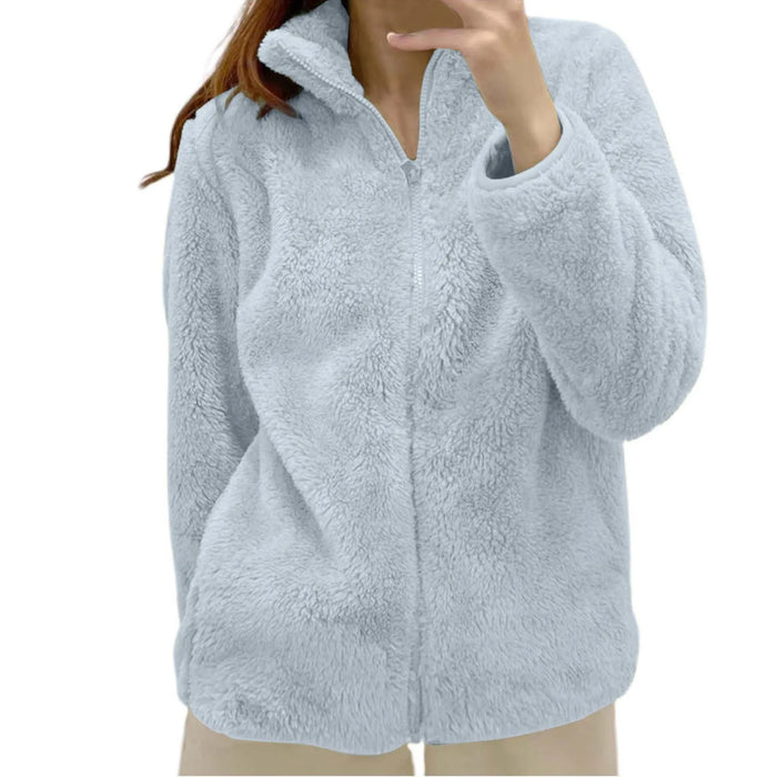 Women Casual Zip Up Fleece Jacket Solid Color Long Plush