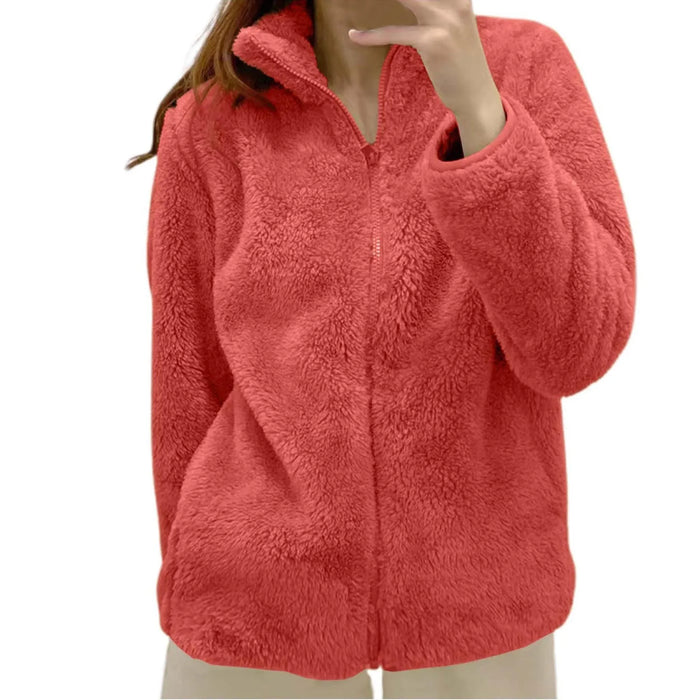 Women Casual Zip Up Fleece Jacket Solid Color Long Plush