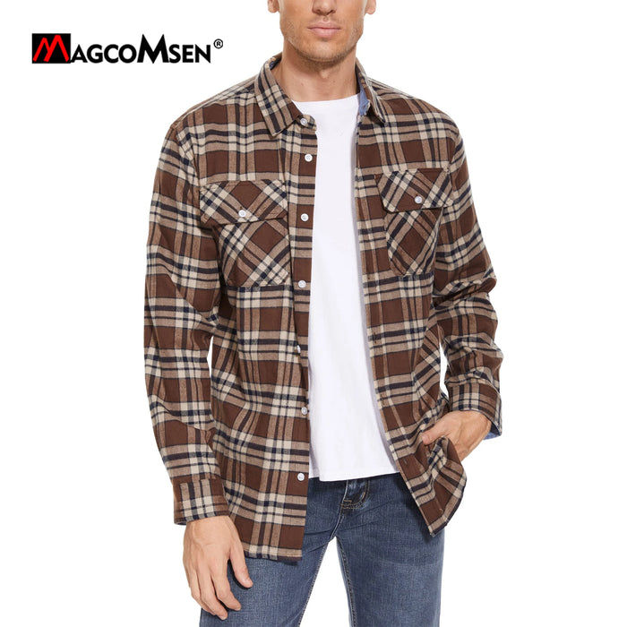 Magcomsen Autumn Windproof Mens Flannel Shirt Warm Long