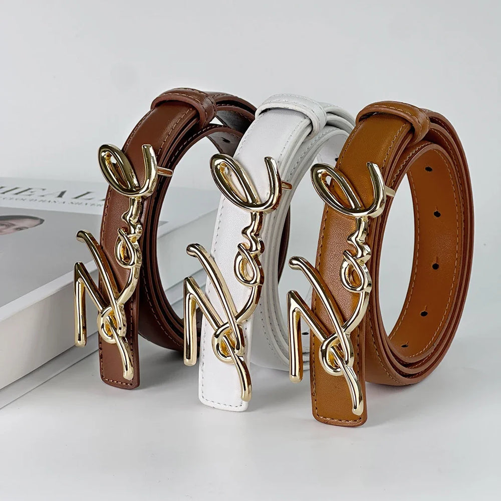 Womens Belt With Wavy Letter Alloy Buckle Meticulously