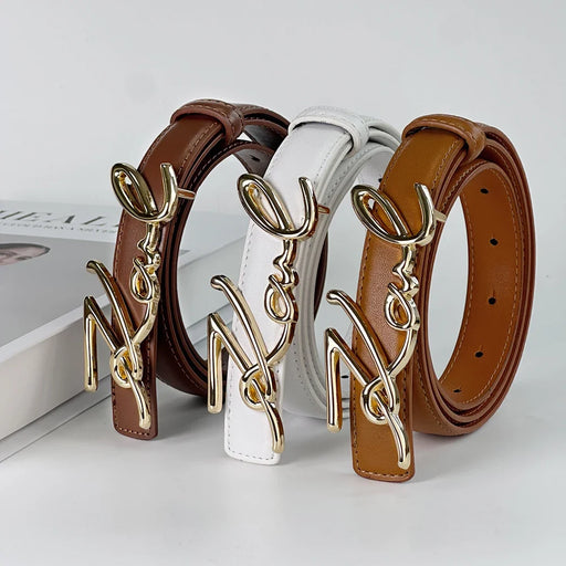 Womens Belt With Wavy Letter Alloy Buckle Meticulously