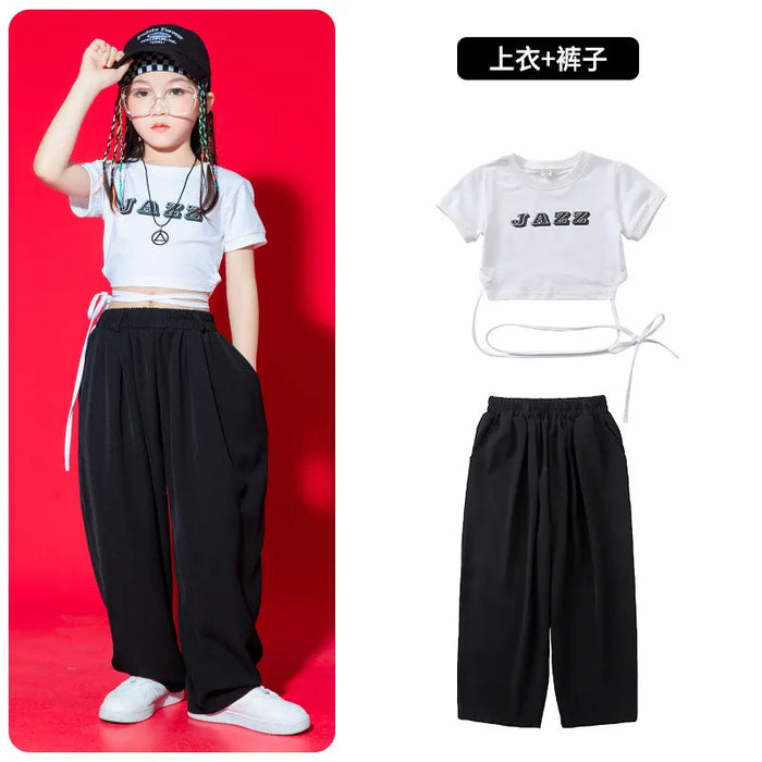 Kid Kpop Hip Hop Clothing White Black Lace Up Crop Top T