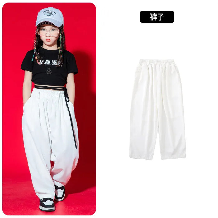 Kid Kpop Hip Hop Clothing White Black Lace Up Crop Top T