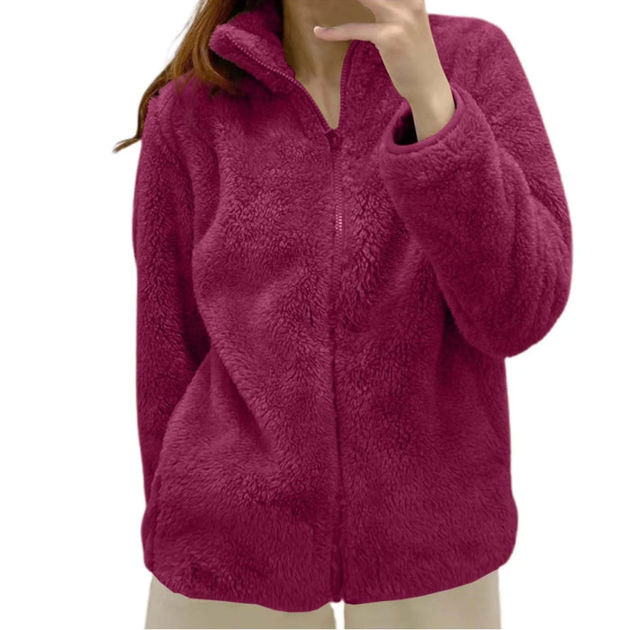 Women Casual Zip Up Fleece Jacket Solid Color Long Plush