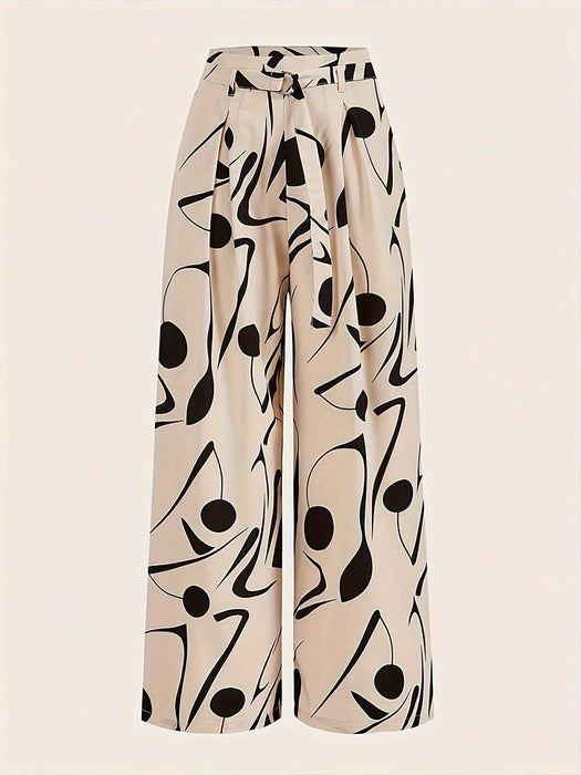 Ladies Abstract Print Belt Casual Wide Leg Pants