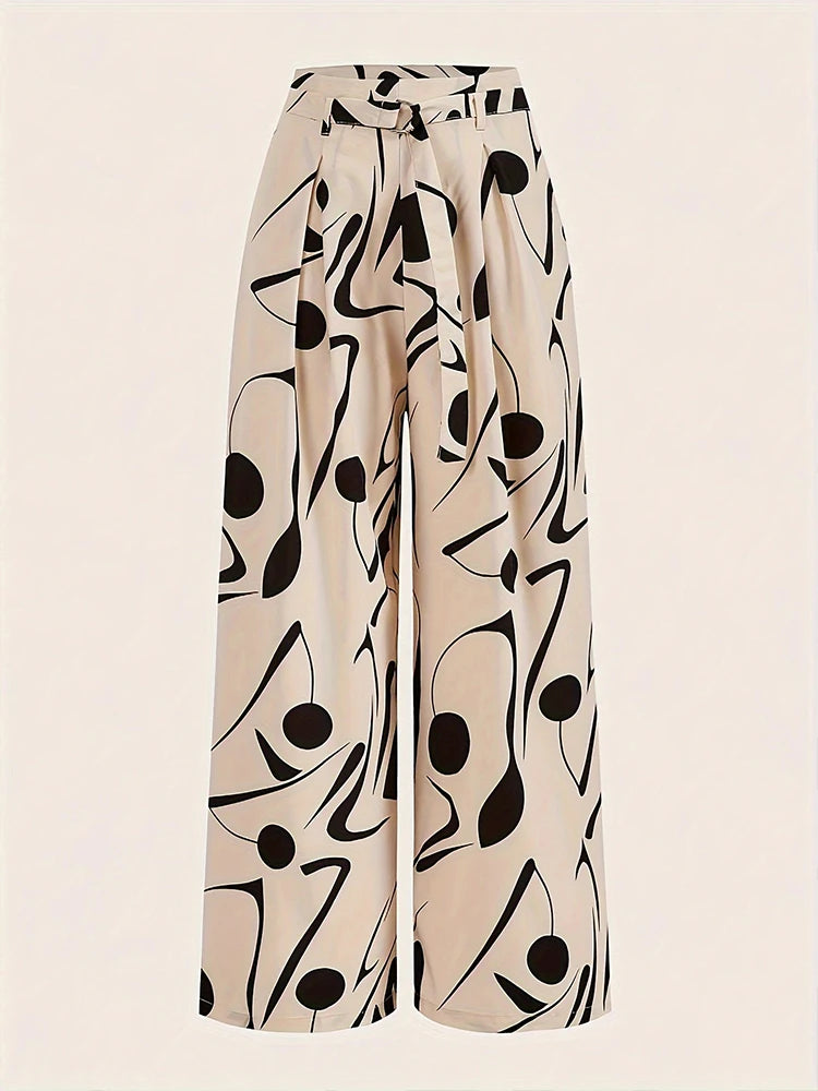 Ladies Abstract Print Belt Casual Wide Leg Pants