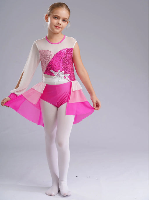 Kid Girl Lyrical Modern Dance Costume One Shoulder Tiered